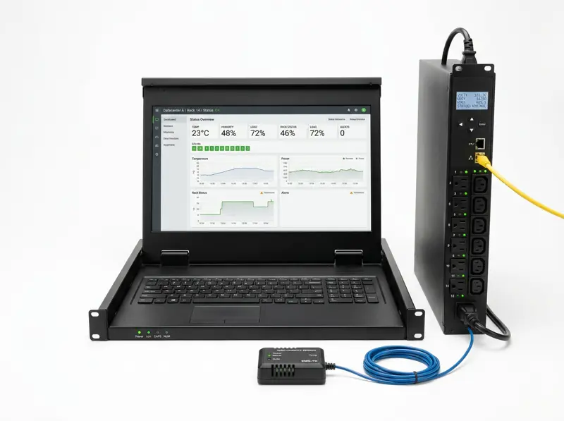 Rackmount KVM console, intelligent power distribution unit and environmental sensor
